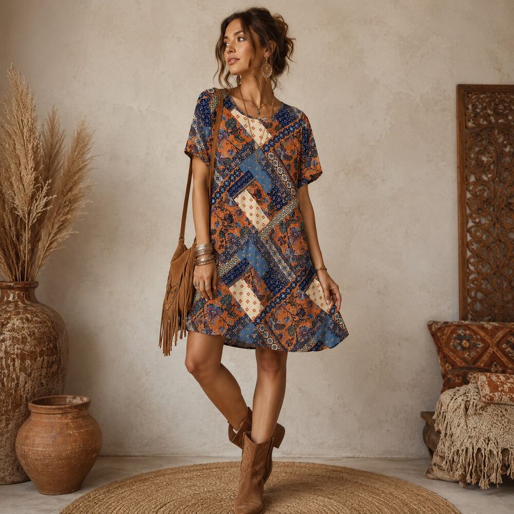 Bobbie Brooks Patchwork Dress Women's Size 1X Soft Stretch Boho Retro Casual
